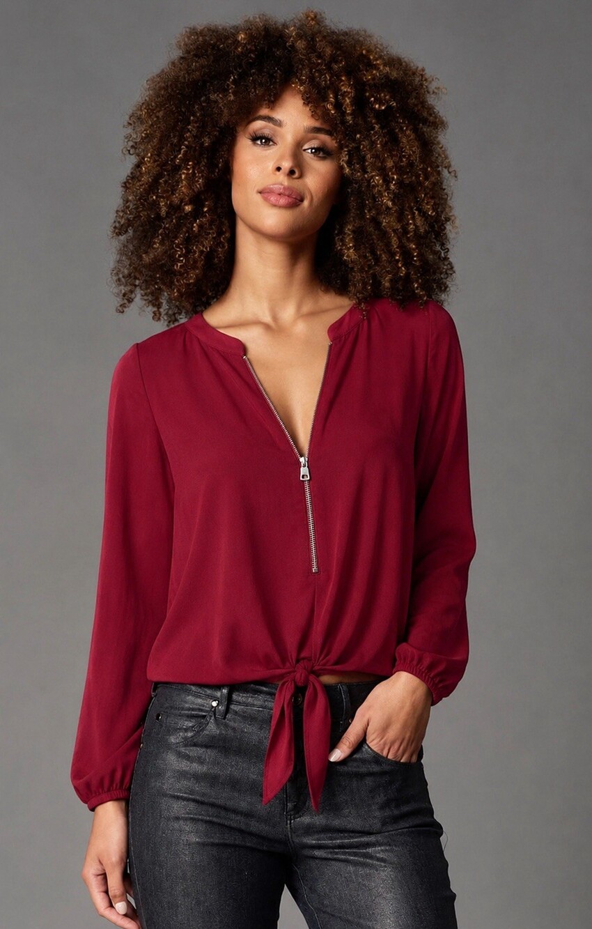 Michael Kors Burgundy Zip Front Tie Blouse Long Sleeve Size L
